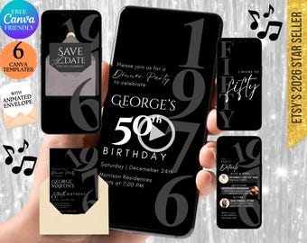 Modern 50th Invite For Men: Minimalist For Him Black Birthday Invitation Born in 1976, Animated Cheers to Fifty DIY Canva (Digital Download)