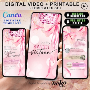 Hello Sweet Sixteen Invite Canva Editable Modern Disco 16th Birthday Evite Blush Pink 16th Birthday Party Invite Sparkling 16th Video Invite