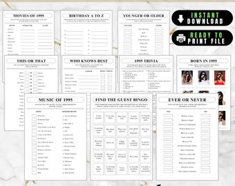 30th Printable Games Set, 10 Modern Minimalist Birthday Games Printable Pack, Born in 1995 Bday Trivia for Him Her, 30th Birthday Party Game