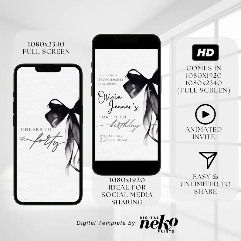 Digital 40th Birthday Party Invitation, Animated Black Gold Dinner Invite For Women, Brunch Evite For Her, Digital 40th Birthday Invitation, 40th Birthday Party Invite, 40th Party Invitation, Digital 40th Invitation, Forty Birthday Invitation, 40th Birthday invite, Fortieth E-Invite Template, Digital Invite, Mobile Phone Evite, Digital Forty 40th Birthday Invitation Template, Electronic Birthday Evite, Rose Gold Confetti 40th Birthday Invite, Editable Day Itinerary by DigitalNekoPrints
