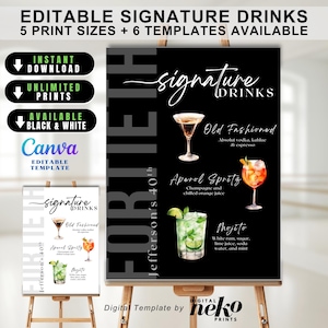 May include: Black and white sign with the text "Signature Drinks" and cocktail illustrations. The sign includes the text "Old Fashioned", "Aperol Spritz", and "Mojito". The sign is on an easel.