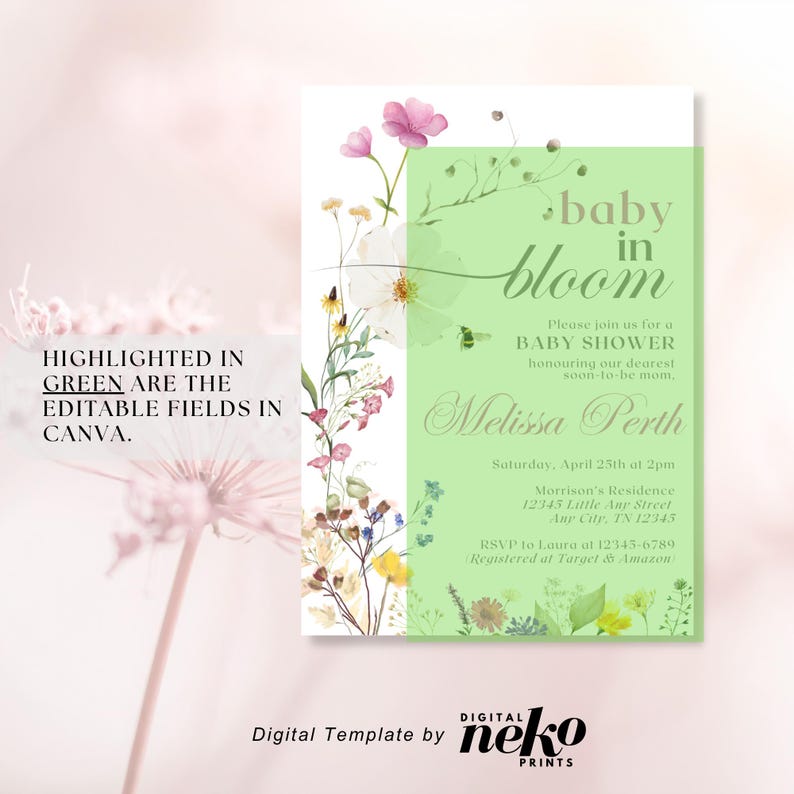 Baby In Bloom Invitation | Baby Shower Invitation Template | Floral Spring Summer Baby Shower, Baby in Bloom Invitation, Wildflowers Baby Shower Invitation, Purple Pink Flower Invitation, Wild Flower Invite, Floral Baby Brunch Invite, Baby in Bloom Invitation, Boho Arch Floral Baby Shower Invitation, Pink Flower Invitation, Spring Baby Shower Invite, Girl Baby, Wildflower Baby Shower Invite, Muted Pink Boho Spring Flowers Baby Shower Invitation by DigitalNekoPrints