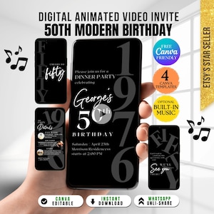 Invitación moderna para hombre de 50 años: minimalista, para él, de color negro, nacida en 1976. Plantilla editable de Canva con un brindis animado por los cincuenta.