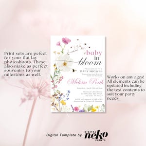 Baby In Bloom Invitation | Baby Shower Invitation Template | Floral Spring Summer Baby Shower, Baby in Bloom Invitation, Wildflowers Baby Shower Invitation, Purple Pink Flower Invitation, Wild Flower Invite, Floral Baby Brunch Invite, Baby in Bloom Invitation, Boho Arch Floral Baby Shower Invitation, Pink Flower Invitation, Spring Baby Shower Invite, Girl Baby, Wildflower Baby Shower Invite, Muted Pink Boho Spring Flowers Baby Shower Invitation by DigitalNekoPrints