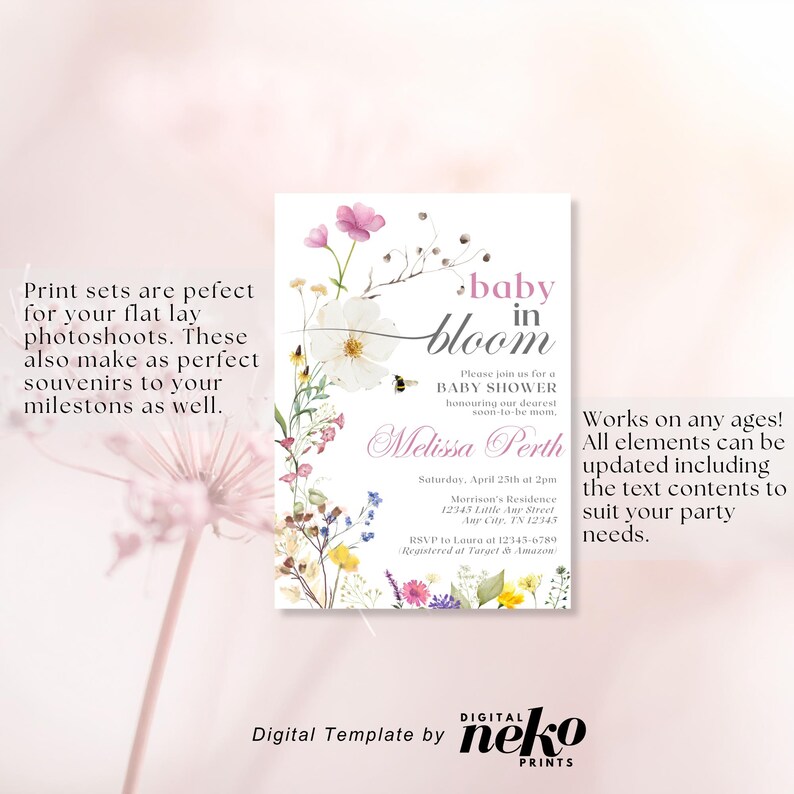 Baby In Bloom Invitation | Baby Shower Invitation Template | Floral Spring Summer Baby Shower, Baby in Bloom Invitation, Wildflowers Baby Shower Invitation, Purple Pink Flower Invitation, Wild Flower Invite, Floral Baby Brunch Invite, Baby in Bloom Invitation, Boho Arch Floral Baby Shower Invitation, Pink Flower Invitation, Spring Baby Shower Invite, Girl Baby, Wildflower Baby Shower Invite, Muted Pink Boho Spring Flowers Baby Shower Invitation by DigitalNekoPrints