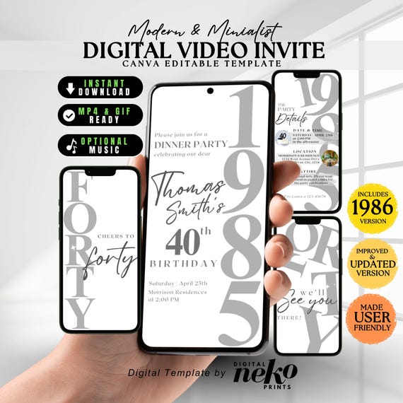 Elegant Digital 40th, Women 40th Birthday, Digital 40th Invite Mobile Modern 40th Birthday, Mens 40th Invitation Him, Male 40th Invitation