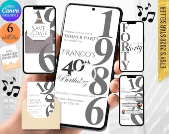 Elegant Digital 40th, Women 40th Birthday, Digital 40th Invite Mobile Modern 40th Birthday, Mens 40th Invitation Him, Male 40th Invitation