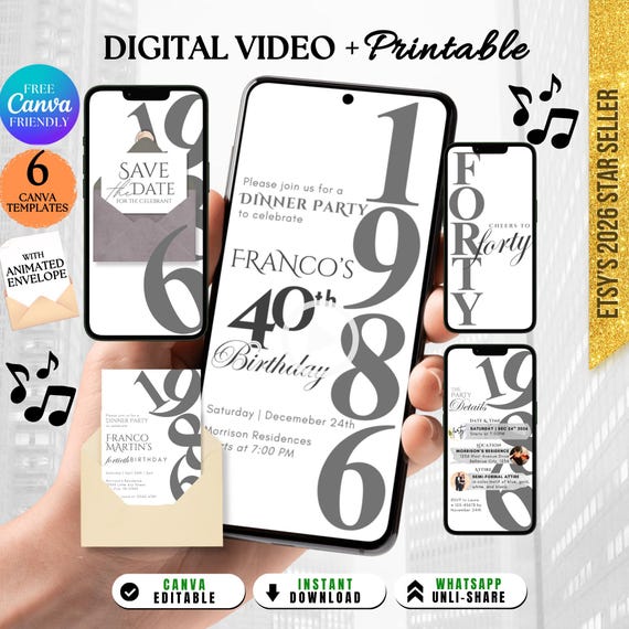 Elegant Digital 40th, Women 40th Birthday, Digital 40th Invite Mobile Modern 40th Birthday, Mens 40th Invitation Him, Male 40th Invitation