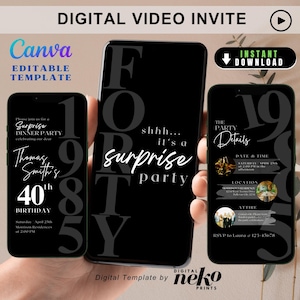 Digital 40th Surprise Party Invite for Him, Minimalist 40th Surprise Invite Man Woman, Shhh Party Invite Husband 40th Black Invite Template