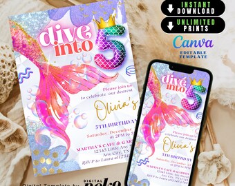 Inbjudan till Dive Into Five-födelsedag, lila rosa blå sjöjungfru-födelsedagsinbjudan för den 5:e, under havet-inbjudan glitter-födelsedagsinbjudan holografisk