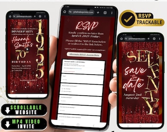 May include: Three smartphones displaying digital invitations. One shows a dinner party invitation for Hannah Smith's 70th birthday. Another displays an RSVP form. The third shows a save-the-date announcement. The image includes the text "Online RSVP & Video Invite."