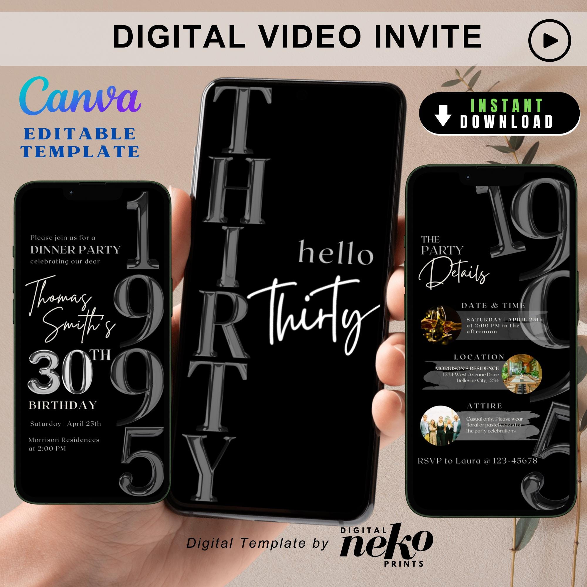 Men 30th Birthday Invite in Chrome, Metallic Digital Birthday Invitation 30th for Him, Modern Minimalist Thirtieth Bday Animated Video Evite