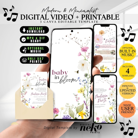 Floral Invite Baby In Bloom Card Printable, Elegant Wildflower Baby Shower Digital Video Invitation Girl Oh Baby Shower Evite Canva Editable