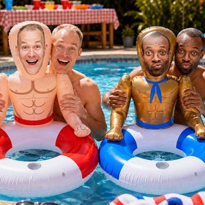 May include: Two inflatable pool floats featuring custom printed faces on the heads of muscular figures. One float has a red and white ring with a tan figure, while the other has a blue and white ring with a gold figure wearing a blue neck scarf.