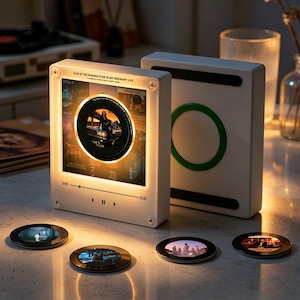 May include: A white rectangular music player with a glowing screen displaying album art and playback controls. The text reads THIS IS THE SHINING STAR IN MY ORDINARY LIFE. Beside it stands a white unit with a green circular accent. Four small circular discs with printed imagery are arranged in front.