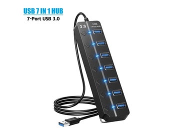 Multiple port 3.0 USB hub connector, 7 ports hub splitter, individual LED power controller and indicator, supercharge hub with 120 cm cable