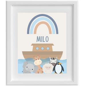 Noah's Ark Nursery/Child's Room, Gender Neutral Theme, Cute Baby Animals, Customizable Name. 8x10, 11x14, 16x20, 20x24. *Frame not included.