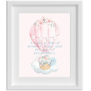 Sweet Dreams Baby Girl Nursery/Child&#39;s Room, Sleeping Baby Elephant in Pink Hot Air Balloon with Rose Accents. 8x10, 11x14, 16x20, 20x24.