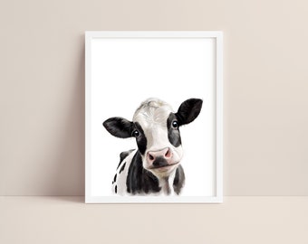 Black Cow Art - Baby Cow Nursery Print - Baby Animal Print - Cow Watercolor Art - Cow Wall Art - Baby Cow - Farm Animal Nursery - Digital