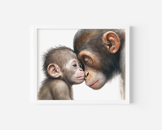 Baby and Mom Monkey nursery Artwork of Mother and Her Baby Animal