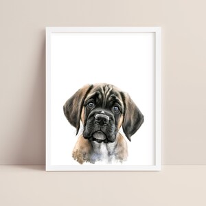 May include: A watercolour painting of a brown and black puppy with large, brown eyes. The puppy is looking directly at the viewer.