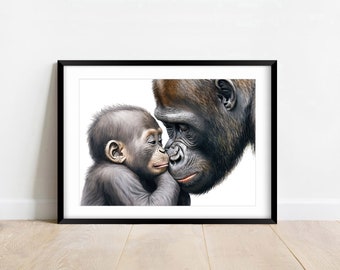 Baby and Mom Gorilla • Nursery Artwork of Mother and Her Baby • Jungle Themed Nursery • Nursery Art • Digital Download