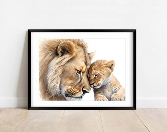 May include: A painting of a lion and a lion cub. The lion is looking at the cub with a gentle expression, while the cub is resting its head on the lion's nose. The painting is done in a realistic style with soft, muted colors.