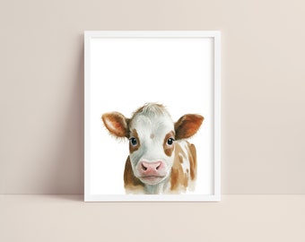 Brown Cow Art - Baby Cow Nursery Print - Baby Animal Print - Cow Watercolor Art - Baby Cow Wall Art - Farm Animal Nursery - Digital