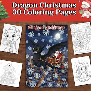 Pode incluir: Um conjunto de páginas para colorir com tema de Natal e dragões. A capa mostra um dragão negro puxando o trenó do Pai Natal por um céu noturno com neve. Outras páginas mostram dragões com gorros de Natal e árvores de Natal. O título é "Dragon Christmas 30 Coloring Pages".