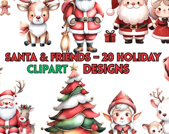 May include: A collection of 20 holiday clipart designs featuring Santa Claus, reindeer, elves, and a Christmas tree. The illustrations are in a watercolor style with red, white, and green color schemes. The text "SANTA & FRIENDS - 20 HOLIDAY CLIPART DESIGNS" is displayed.