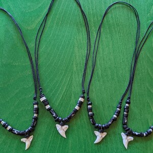 May include: Three black cord necklaces with white beads and a white shark tooth pendant.