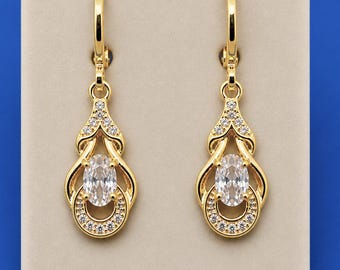 Zirconia drop earrings with hinged hoop earring clips, gold earrings, German jeweler quality, genuine gold-plated, a beautiful gift.