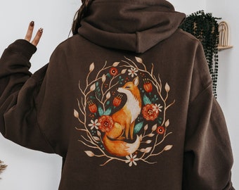 Fox Cottagecore Hoodie, Boho Vintage Style sweatshirt, Forestcore Shirt, Botanical Forest Animals, Folk Art Floral hoodie, Fox Lover Gift