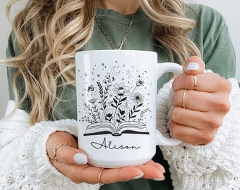 Personalized Book Lover Mug, Custom Gift For Reader, Bookish Gift, Coworker Gift, Wildflowers Mug, Gift For Bookworm, Librarian Coffee Mug