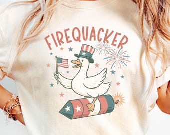 4th of July Goose Comfort Colors Shirt, Funny Fourth of July Goose Tee, Firequacker Patriotic T-Shirt, Funny Summer Goose Tshirt
