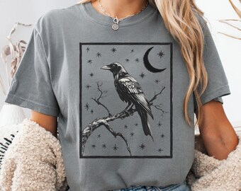 Raven Comfort Colors T-Shirt, Crow Shirt, Goblincore Tee, Dark Academia Apparel, Crow Lover Gift, Gothic Raven Celestial Shirt