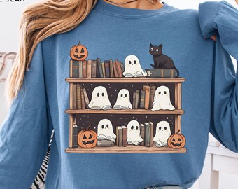 Camiseta "Lectura fantasmas colores confort", camiseta de manga larga para Halloween, regalo para amantes de los libros, regalo para ratones de biblioteca, camiseta de Halloween para bibliotecarios, camiseta para amantes de los libros