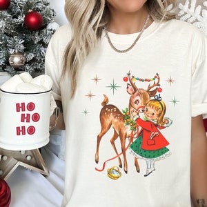 Retro Christmas Reindeer and Girl Comfort Colors T-Shirt, Nostalgic Vintage Style Christmas Tee, 1950s Holiday Shirt, Mid Century Xmas