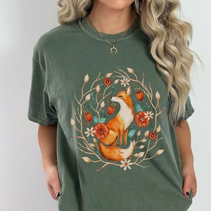 Fox Cottagecore Comfort Colors T-Shirt, Boho Vintage Style Tee, Forestcore Shirt,Botanical Forest Animals, Folk Art Floral, Fox Lover Gift