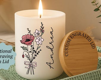 Personalized Birth Flower Candle, Birthday Gift, Coquette Birth Flower, Custom Fragrant Jar Candle Gift, Gift For Mom, Gift For Daughter