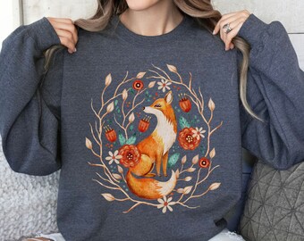 Fox Cottagecore Sweatshirt, Boho Vintage Style, Forestcore Shirt, Botanical Forest Animals, Folk Art Floral Fox Shirt, Fox Lover Gift