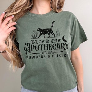 Black Cat Apothecary T-Shirt Comfort Colors,  Salem Witch, Halloween Cat Tee, Witchy Vibes T Shirt, Ferals and Familiars, Cat Lover Shirt