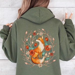 Fox Cottagecore Hoodie, Boho Vintage Style sweatshirt, Forestcore Shirt, Botanical Forest Animals, Folk Art Floral hoodie, Fox Lover Gift