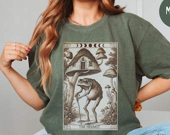 The Hermit Frog Comfort Colors T-Shirt, Dark Cottagecore Tarot Card Tee, Cute Mushroom Shirt, Forestcore, Goblincore, Fairycore, Introvert