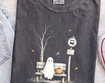 Minimalist Halloween Ghost Comfort Colors Tee, Vintage Style Ghost Shirt, Spooky Season Fall Graphic