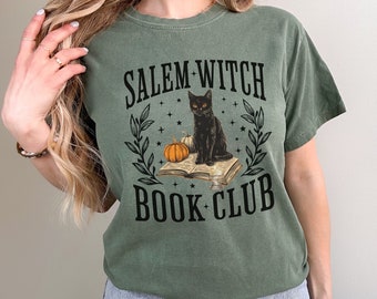Salem Witch Book Club Comfort Colors® Shirt, Halloween Tee, Gift For Book Lover, Spooky Season T-Shirt,  Black Cat Reading Tee