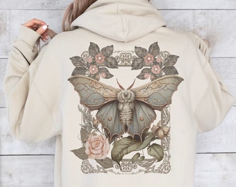 Cottagecore Moth Hoodie, Botanical Aesthetic Sweatshirt, Forestcore, Goblincore, Boho Vintage Style,  Cozy Fall Hoodie Gift for Woman