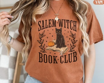 Salem Witch Book Club Comfort Colors® Shirt, Halloween Tee, Gift For Book Lover, Spooky Season T-Shirt,  Black Cat Reading Tee