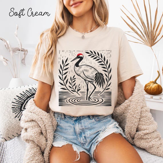 Sandhill Crane Linocut T-shirt, Bird Lover Gift, Gift For Birder, Nature Lover Shirt, Wildlife Tee,  Birdwatcher Apparel