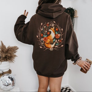 Fox Cottagecore Hoodie, Boho Vintage Style sweatshirt, Forestcore Shirt, Botanical Forest Animals, Folk Art Floral hoodie, Fox Lover Gift Dark Chocolate